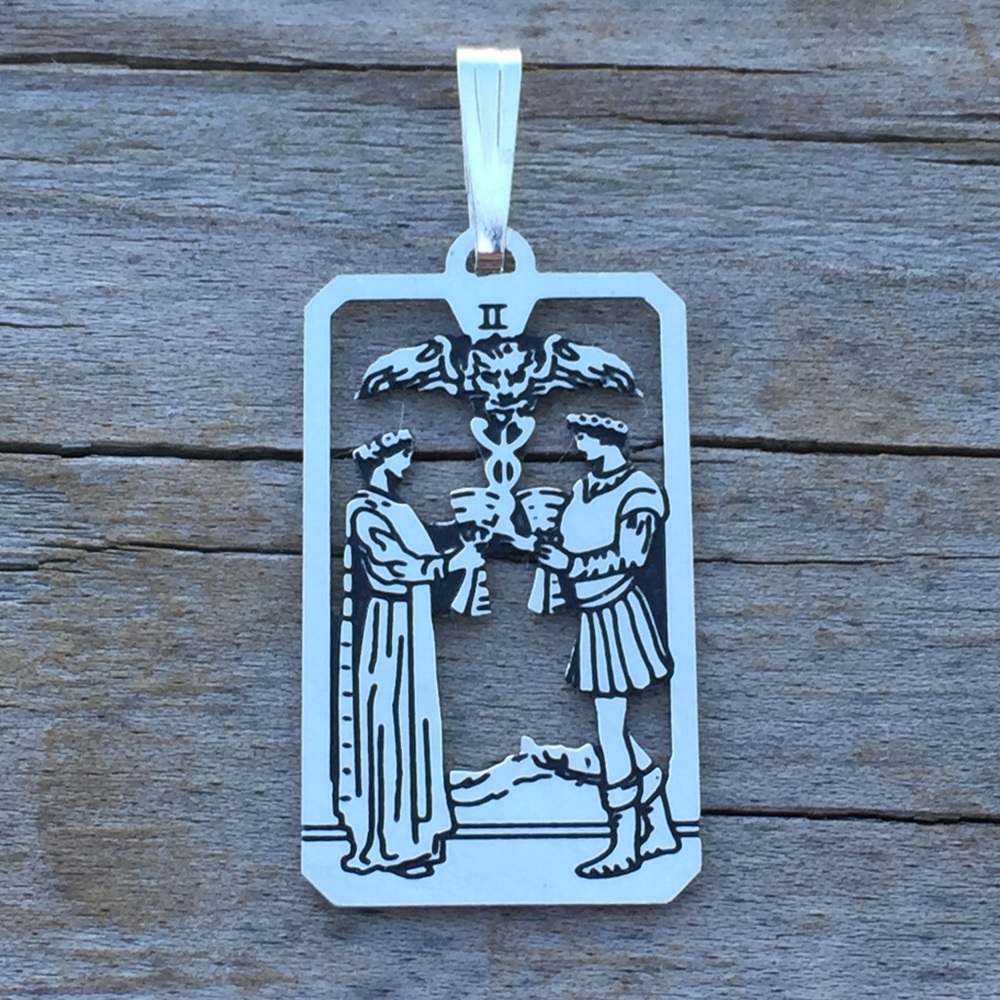 Two of Cups Tarot Card Pendant .925 Sterling Silver dainty Sacred Marriage